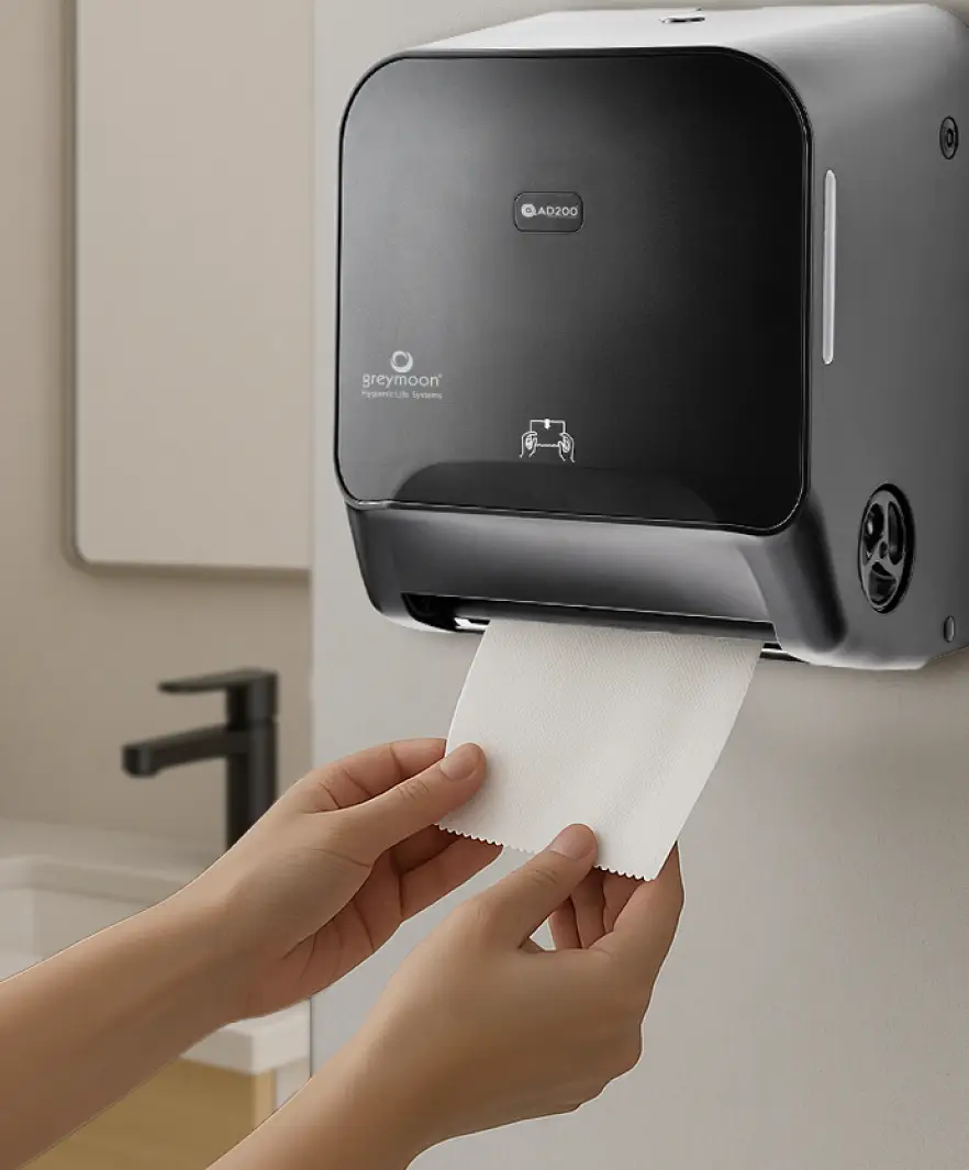 Sistema Greymoon de papel higiénico institucional diseñado para eficiencia y menor desperdicio