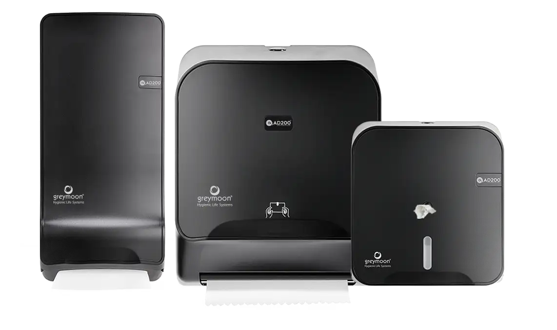 Dispensadores Greymoon AD200 Black para papel higiénico y toallas en baños de alto tráfico